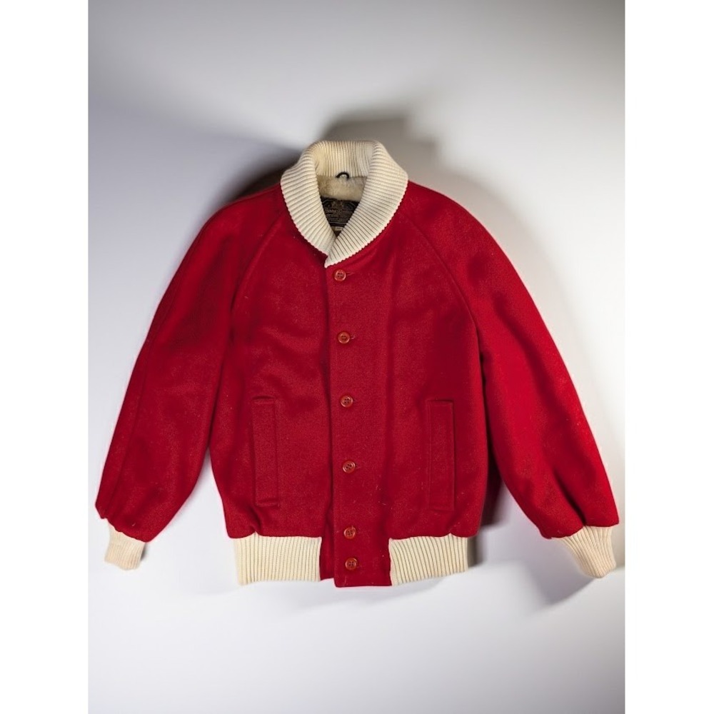 VTG 70s Barry Dolan New York Wool Varsity Jacket Red Cream Shawl Collar Size L